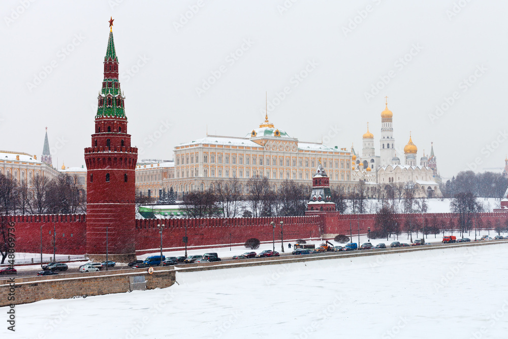 panorama of Kremlin wall and tower in winter