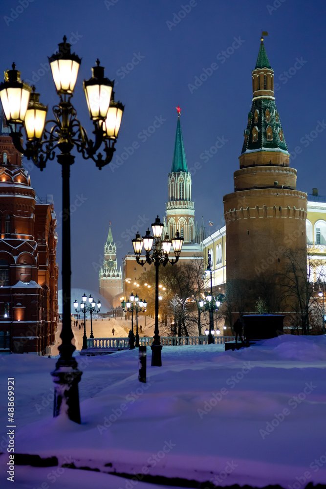 Kremlin towers in winter snowing evening, Moscow