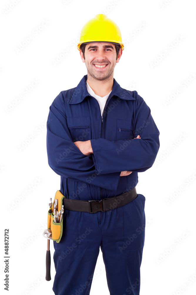 Portrait of a smiling young builder, isolated on white Portrait of a smiling young builder, isolated on white