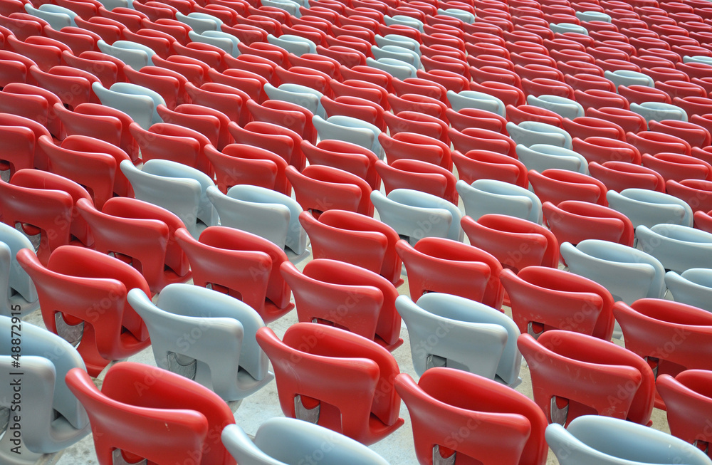 Stadium seats - red and white - obrazy, fototapety, plakaty 