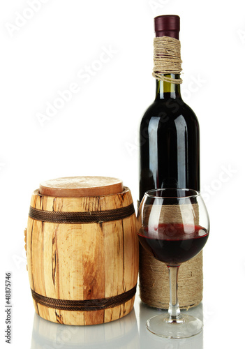 Red wine with wooden barrel isolated on  white