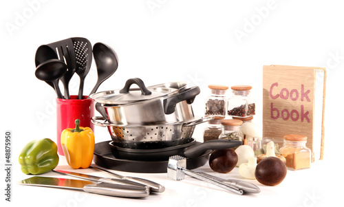 composition of kitchen tools spices and vegetables isolated