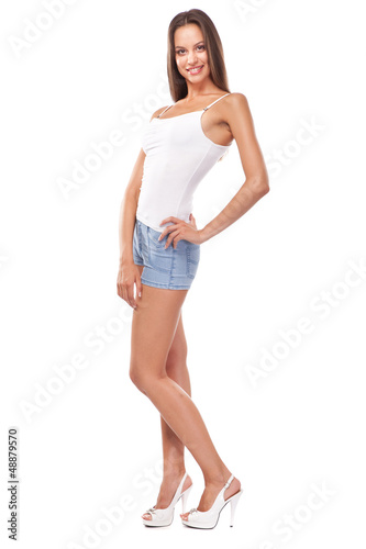 Beautiful slim woman in white t-shirt