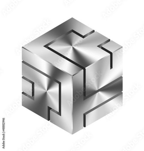 Abstract metallic cube on white background