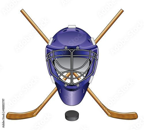 Ice Hockey Goalie Mask Sticks and Puck