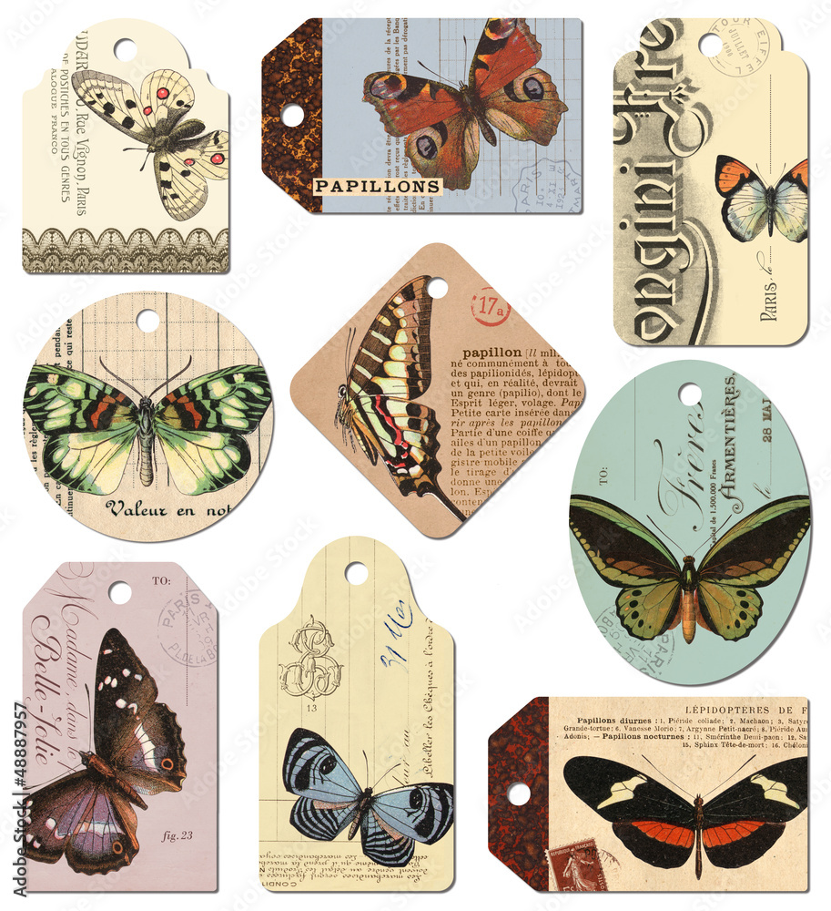 Obraz premium retro tags: butterflies - set of 9 designs