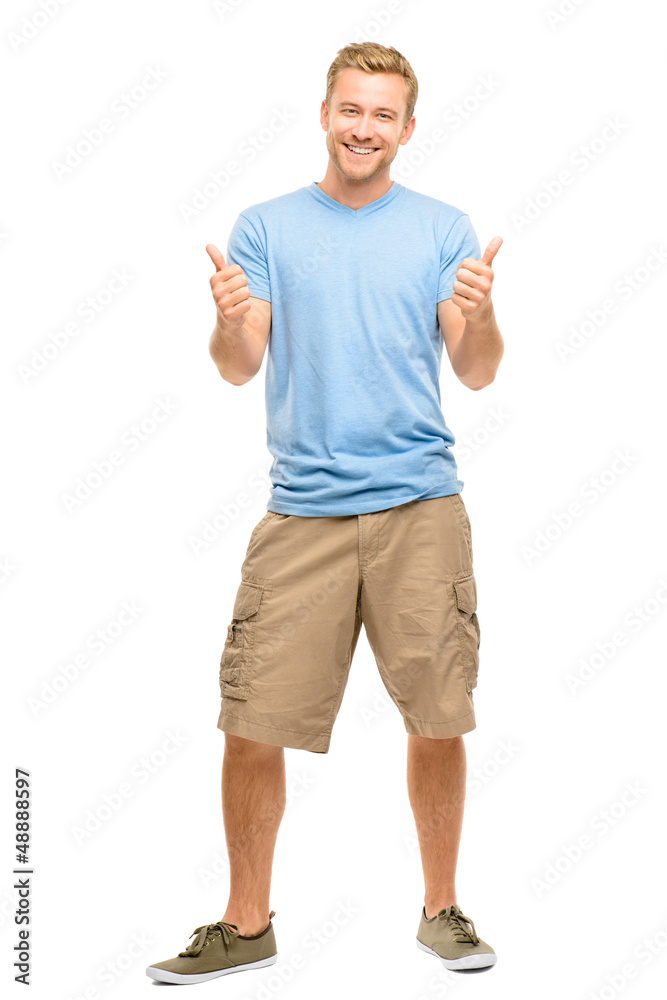 Happy man thumbs up sign full length portrait on white backgroun Happy man thumbs up sign full length portrait on white backgroun