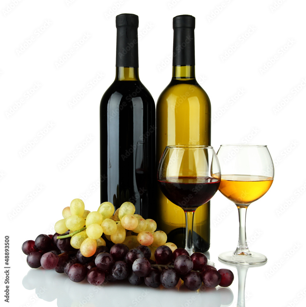 composition of wine and grapes isolated on white