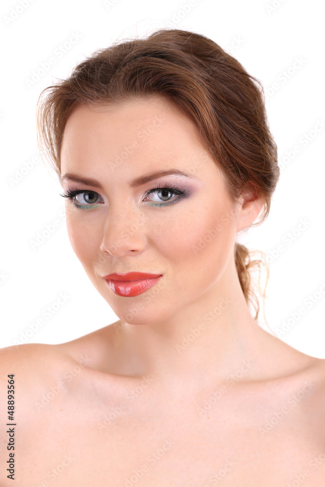 Beautiful young woman with bright make-up isolated on white Beautiful young woman with bright make-up isolated on white