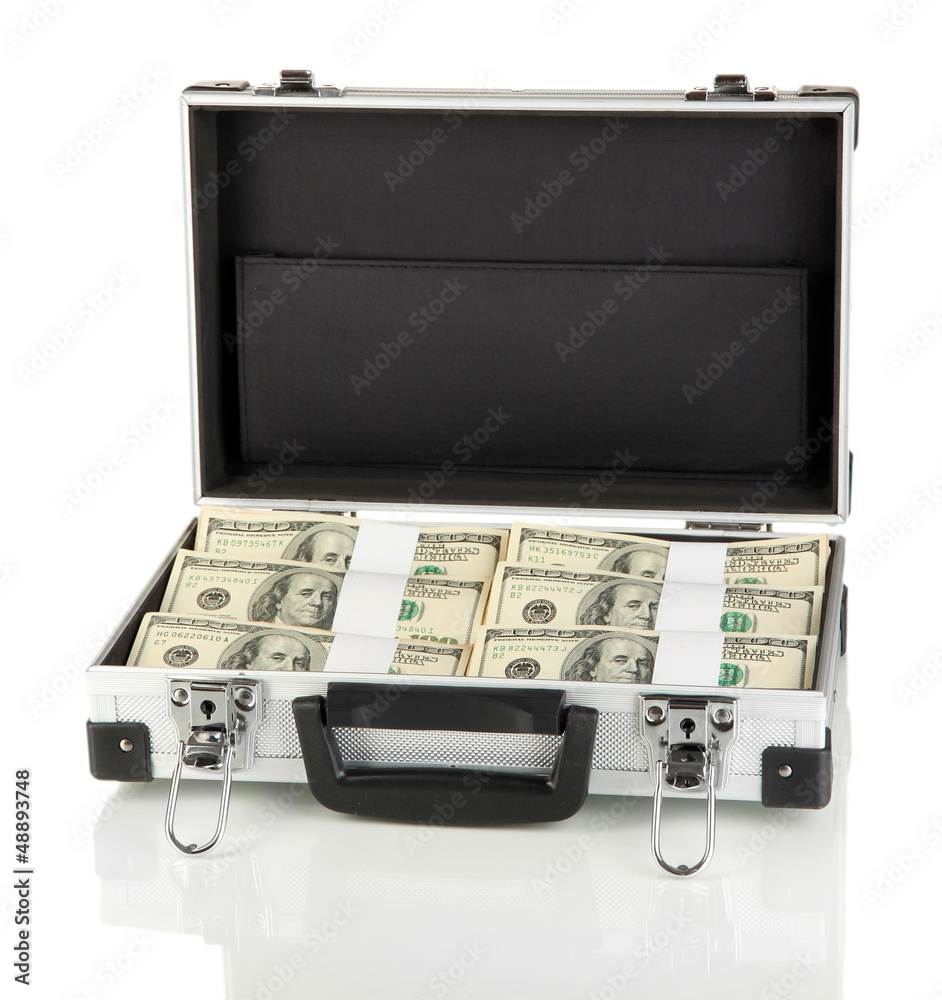 Suitcase with 100 dollar bills isolated on white Suitcase with 100 dollar bills isolated on white