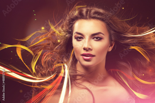 attractive woman with long hair and abstract lines