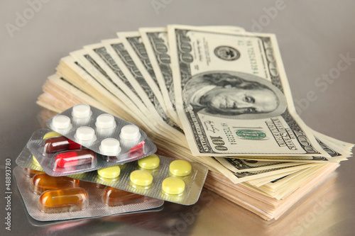 Pills and money on grey background