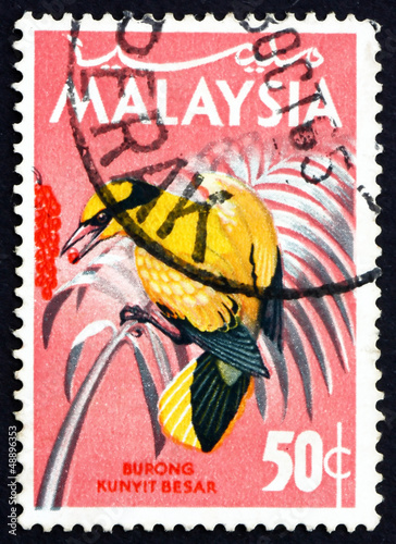 Postage stamp Malaysia 1965 Blacknaped Oriole, Bird photo