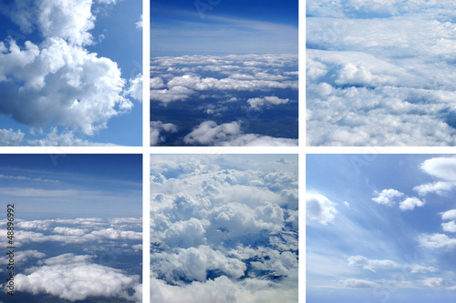 A collage of aerial images with blue sky and white clouds