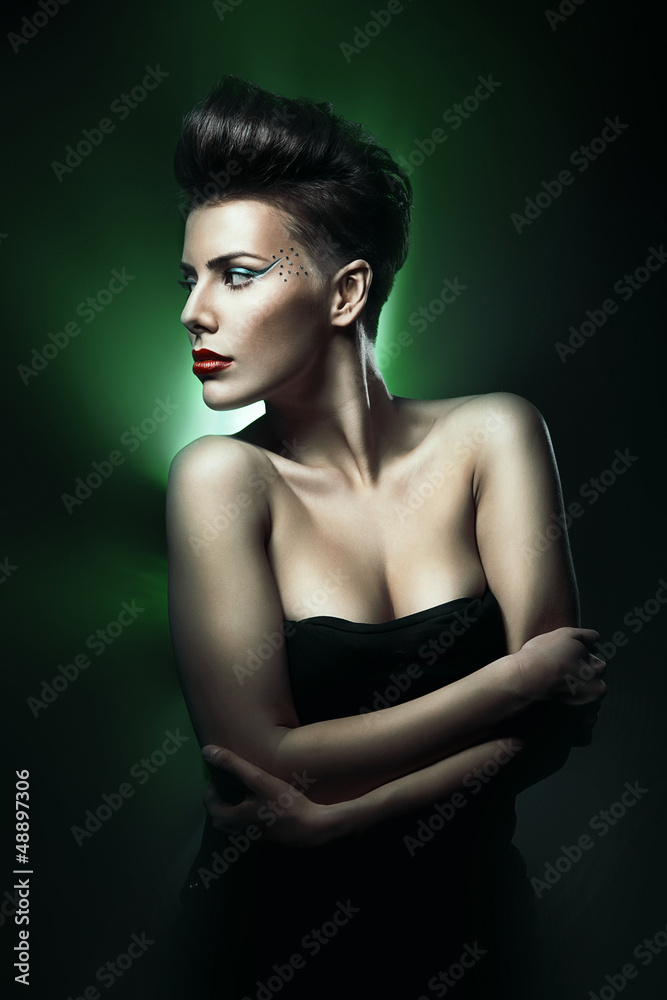 beautiful woman with red lips in green light beautiful woman with red lips in green light