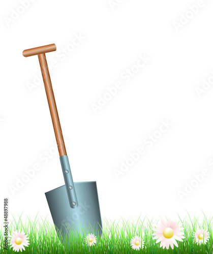 Gartenarbeit mit Spaten und Gänseblümchen