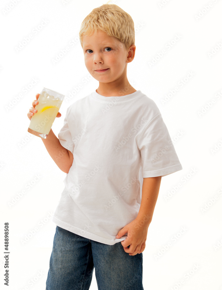 Young caucasian boy in white tee shirt drinking lemonade Young caucasian boy in white tee shirt drinking lemonade