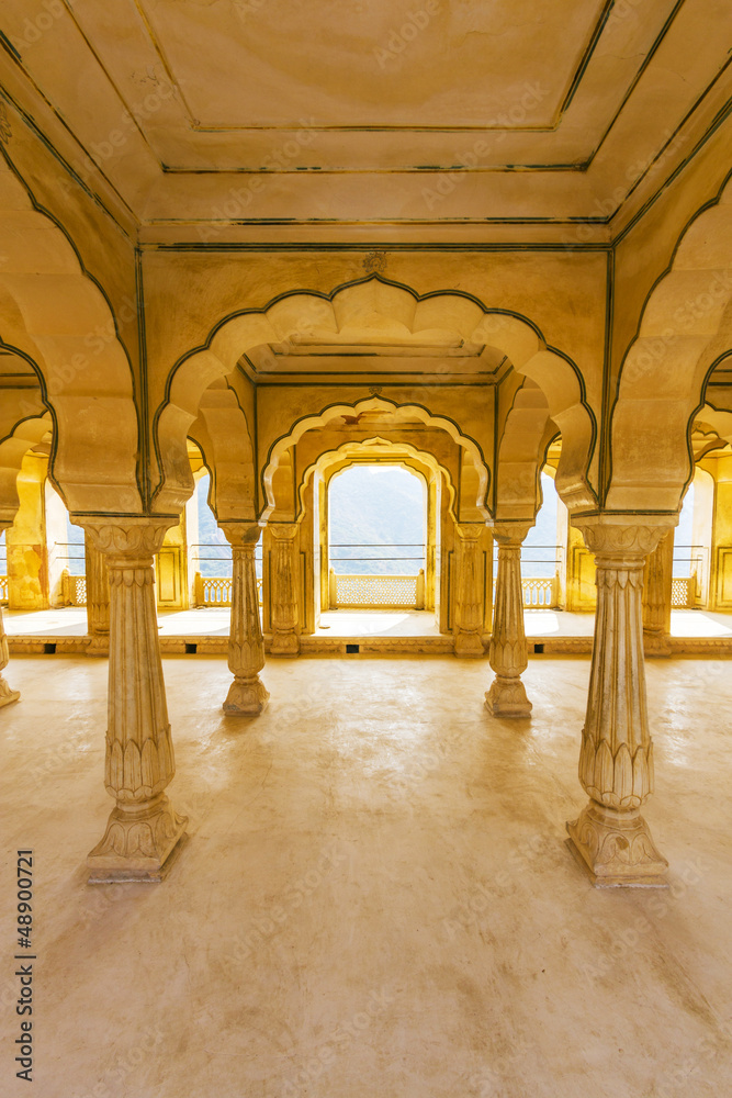 Columned hall of Amber fort. Jaipur, India