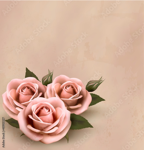 Retro background with beautiful pink roses with buds. Vector ill