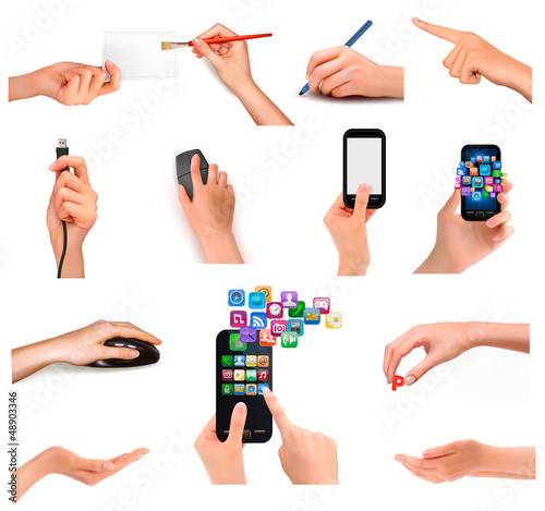 Collection of hands holding different business objects. Vector