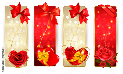 Set of beautiful cards with red gift bows with ribbons Vector