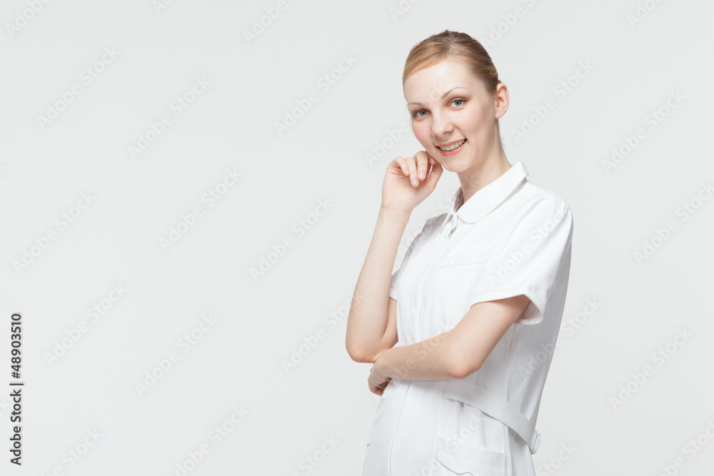 Beautiful caucasian nusre on white background Beautiful caucasian nusre on white background