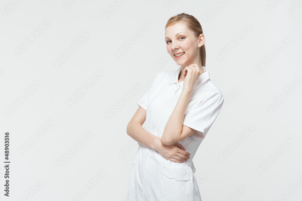 Beautiful caucasian nusre on white background Beautiful caucasian nusre on white background