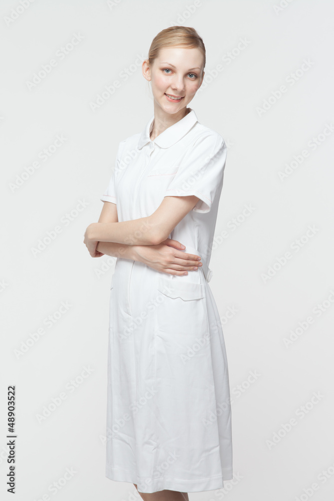 Beautiful caucasian nusre on white background Beautiful caucasian nusre on white background