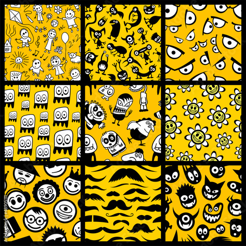 Set of funny yellow seamless patterns.