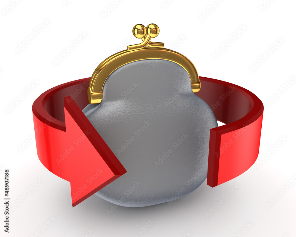 Obraz premium Red arrow around grey purse.