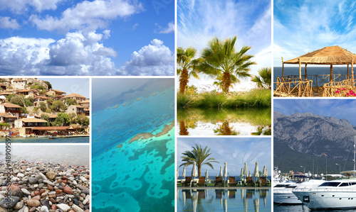 A resort collage of beautiful nature images with sky and palms