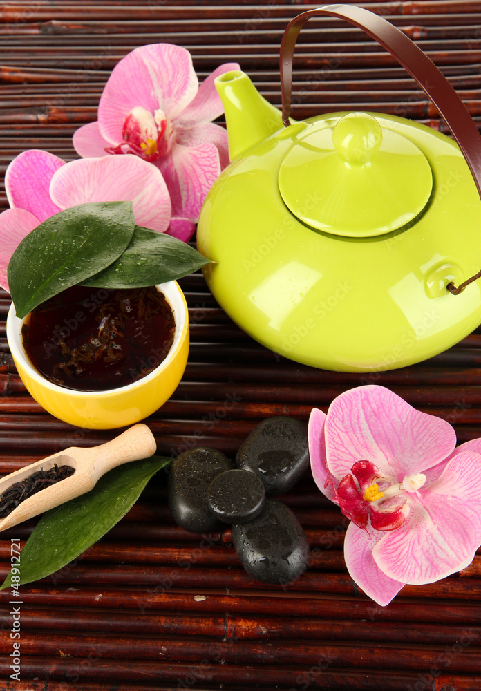 Chinese tea ceremony on bamboo table close-up Chinese tea ceremony on bamboo table close-up