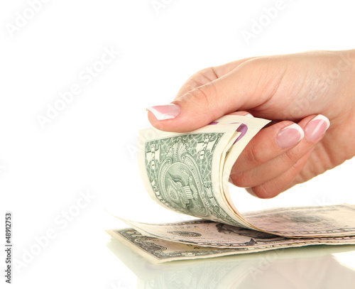 Woman recounts dollars, close up, isolated on white