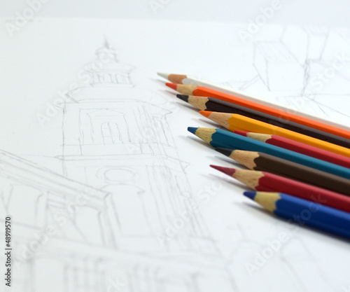 Buildings pencil sketch with color pencils