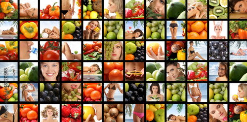 A collage images with young women and fresh fruits