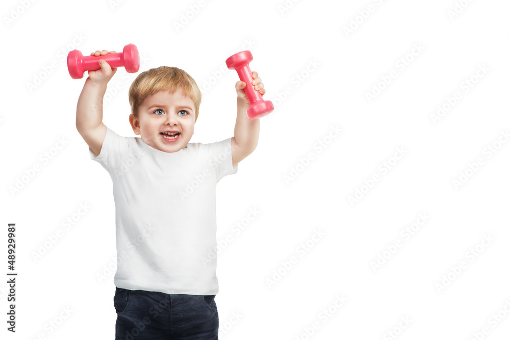 little 2 year boy with pink dumbbells little 2 year boy with pink dumbbells