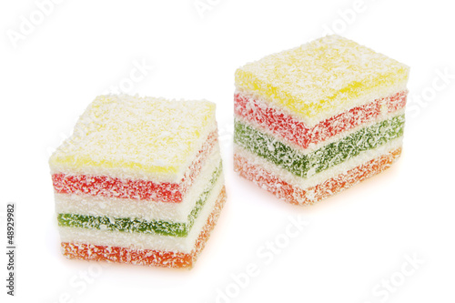 Candied fruit jelly on white background.