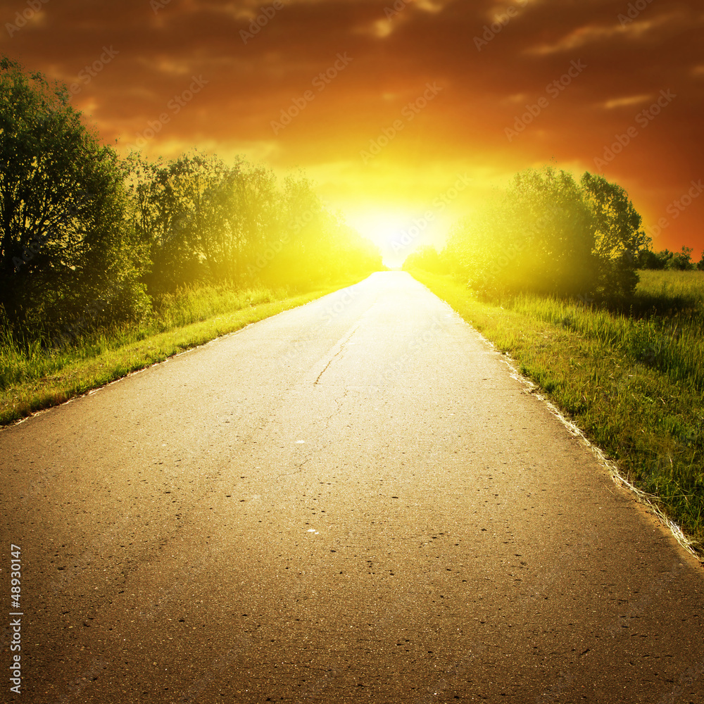 Red sunset over road. Red sunset over road.