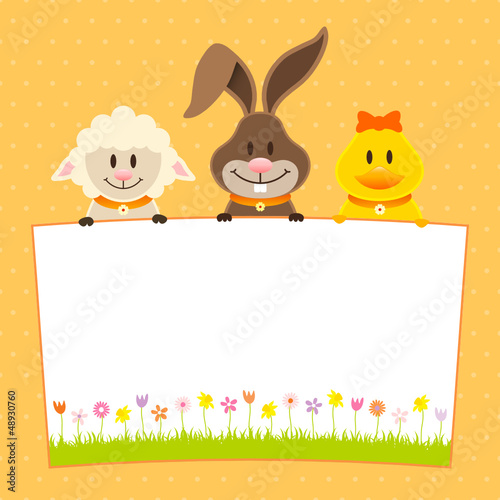 Card Lamb, Bunny & Duck Label Meadow Flowers Orange