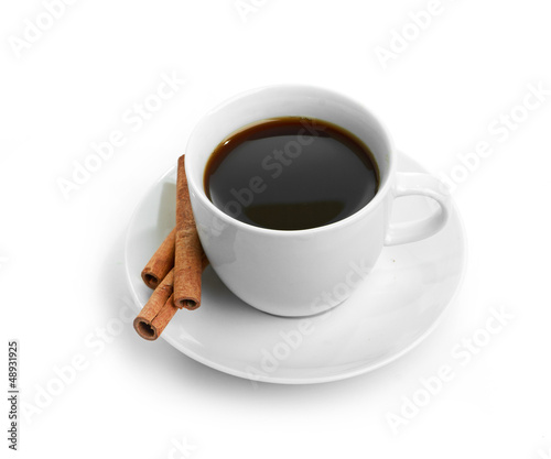 cup coffee with cinnamon isolated on white background