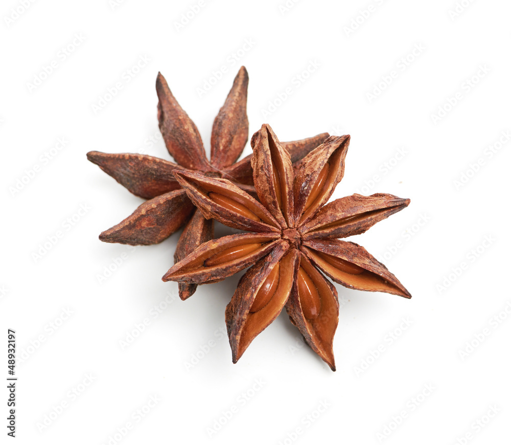 two whole star anise isolated on white background two whole star anise isolated on white background
