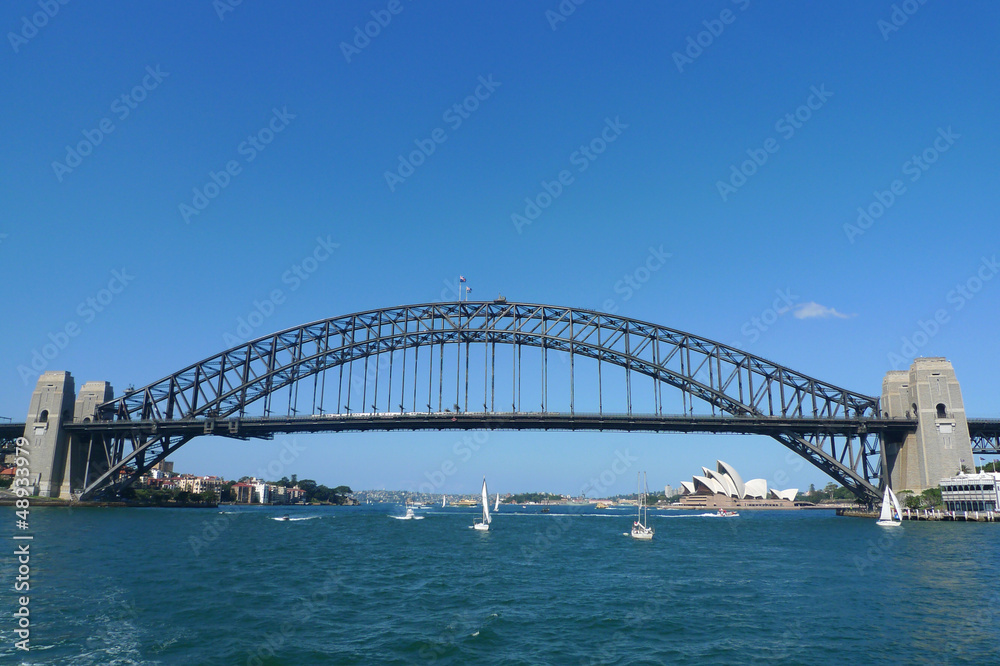 The famous Harbour bridge and Opera House in Sydney, Australia.