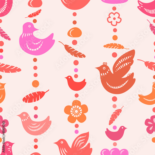 Red birds and flowers bead threads seamless pattern, vector © natalyon