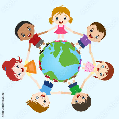 multicultural children hand in hand on earth