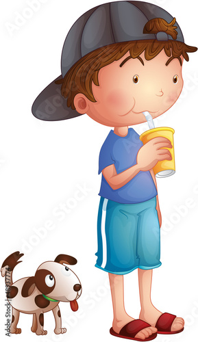 A young boy drinking beside a cute puppy