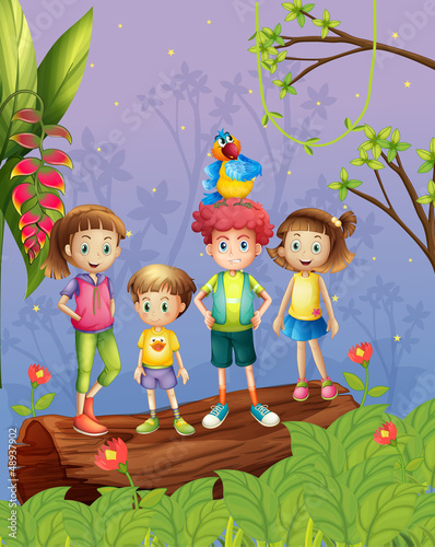 Children with one colorful parrot in the forest