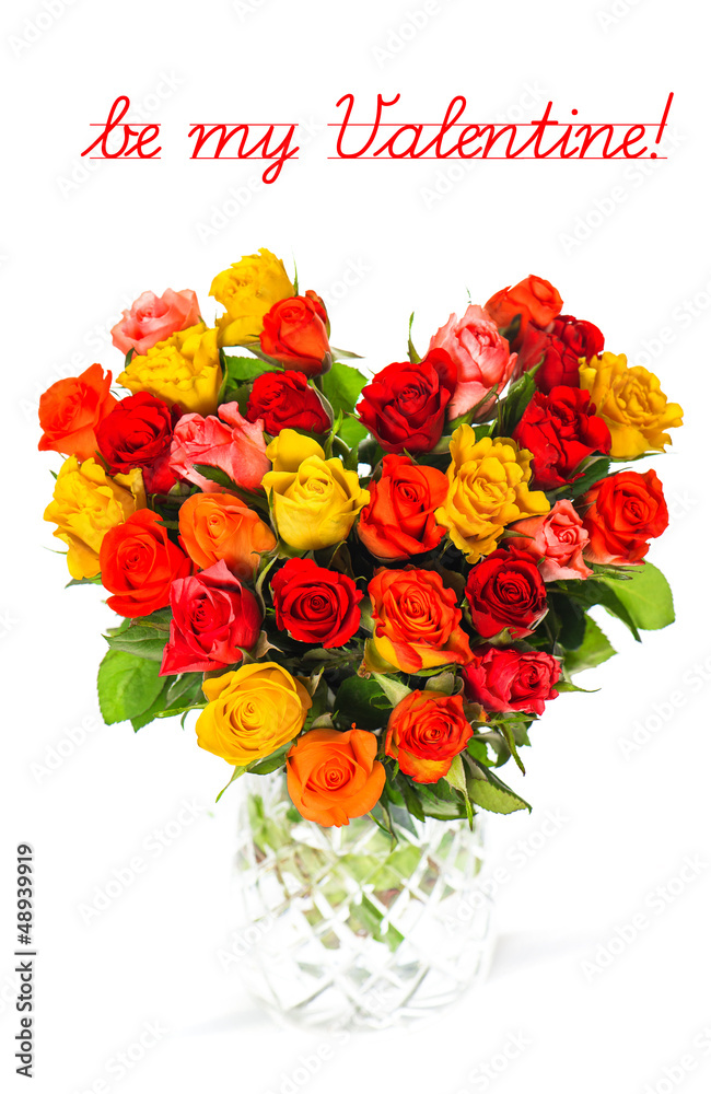 heart shaped bouquet of colorful assorted roses