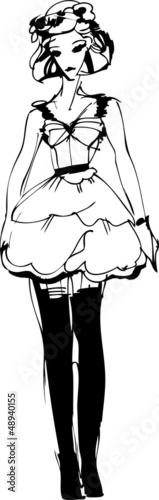 a sketch of beautiful slip of a girl is in a short dress
