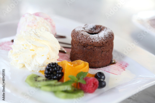 Chocolate Lava Cake with ice cream and fruit