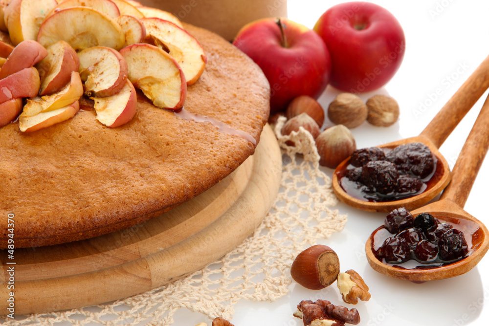 Fototapeta premium tasty homemade pie, apples and jam, isolated on white